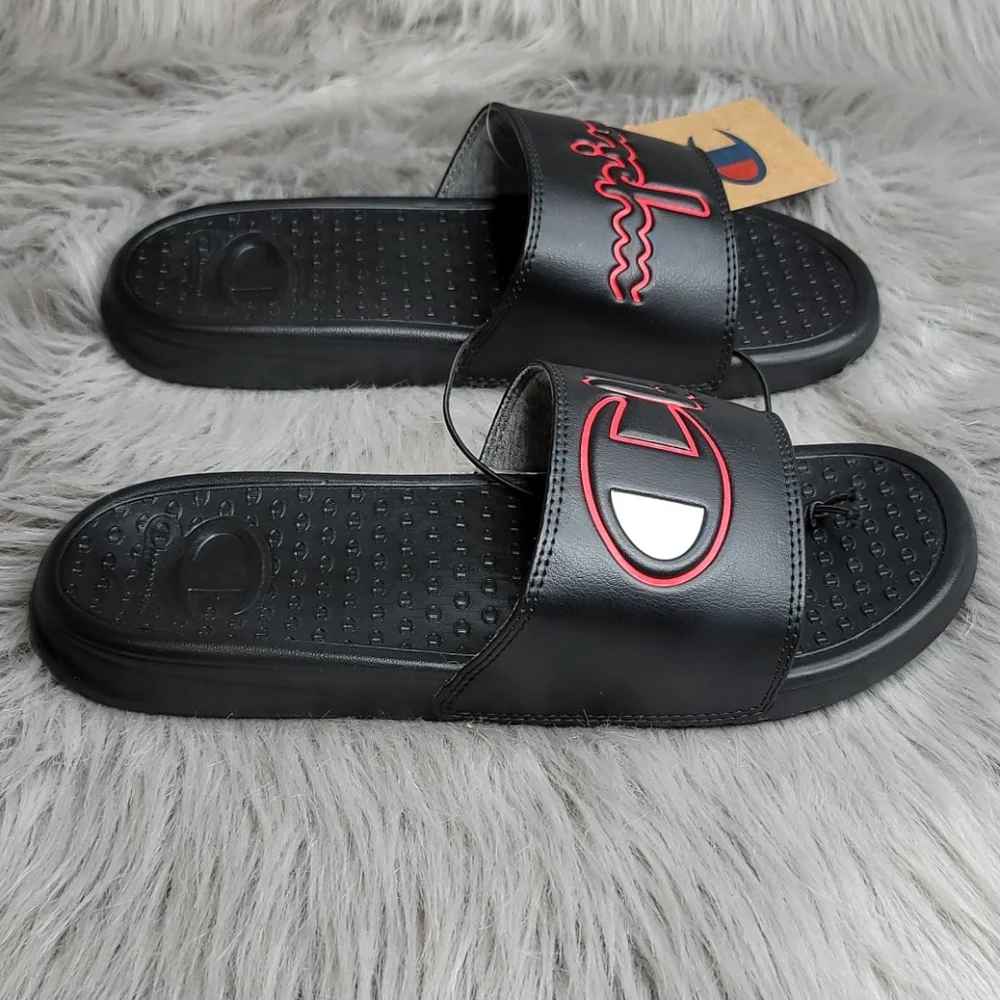Champion Super Slide Split Script Logo Black Red Flip Flops